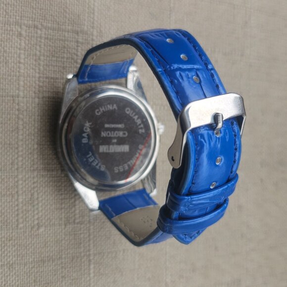 Manhattan by Croton Women Watch Crystal Accent Blue Leather Band Wrist Watch - Picture 7 of 11